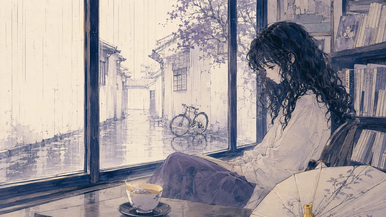 香蕉漫画雨线慢页的书店窗边留白节奏示意